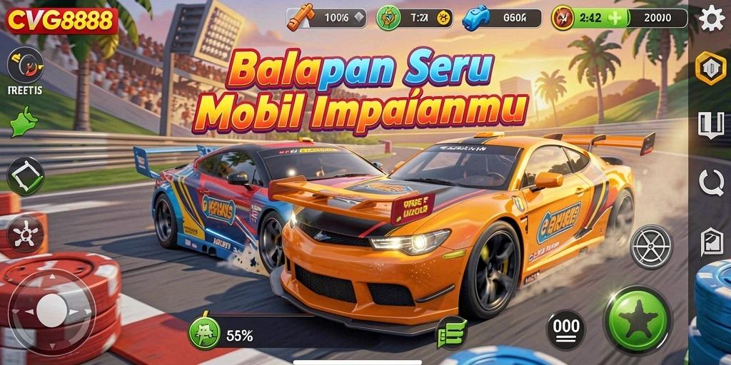 Tampilan gameplay seru dengan mobil balap beraksi.