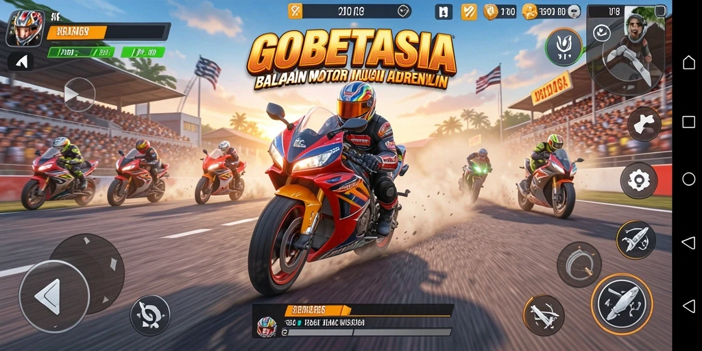 Screenshot gameplay GOBETASIA dengan balapan motor yang mendebarkan.