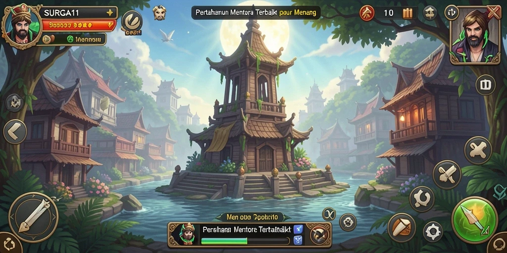 Tampilan gameplay SURGA11 dengan menara dan musuh yang beragam.